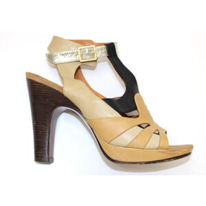 CHIE MIHARA Beige Black Tan Gold Cage Heels Sandal Strappy Ankle Strap Size 38.5